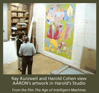 Ray Kurzweil and Harld Cohen looking at an AARON painting
