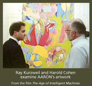 Ray Kurzweil and Harold Cohen examine AARON's artwork
